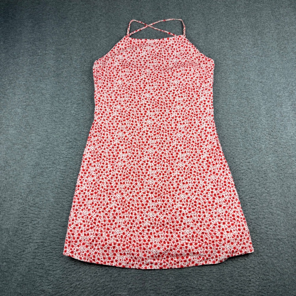 Altar'd State Mini Dress Women's Size M Red White Floral Halter Criss Cross Back
